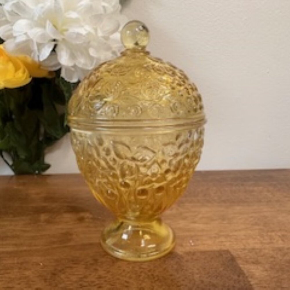 Avon Yellow Glass Pedestal Candy Dish Rose Pattern Textured Jar Vintage Decor